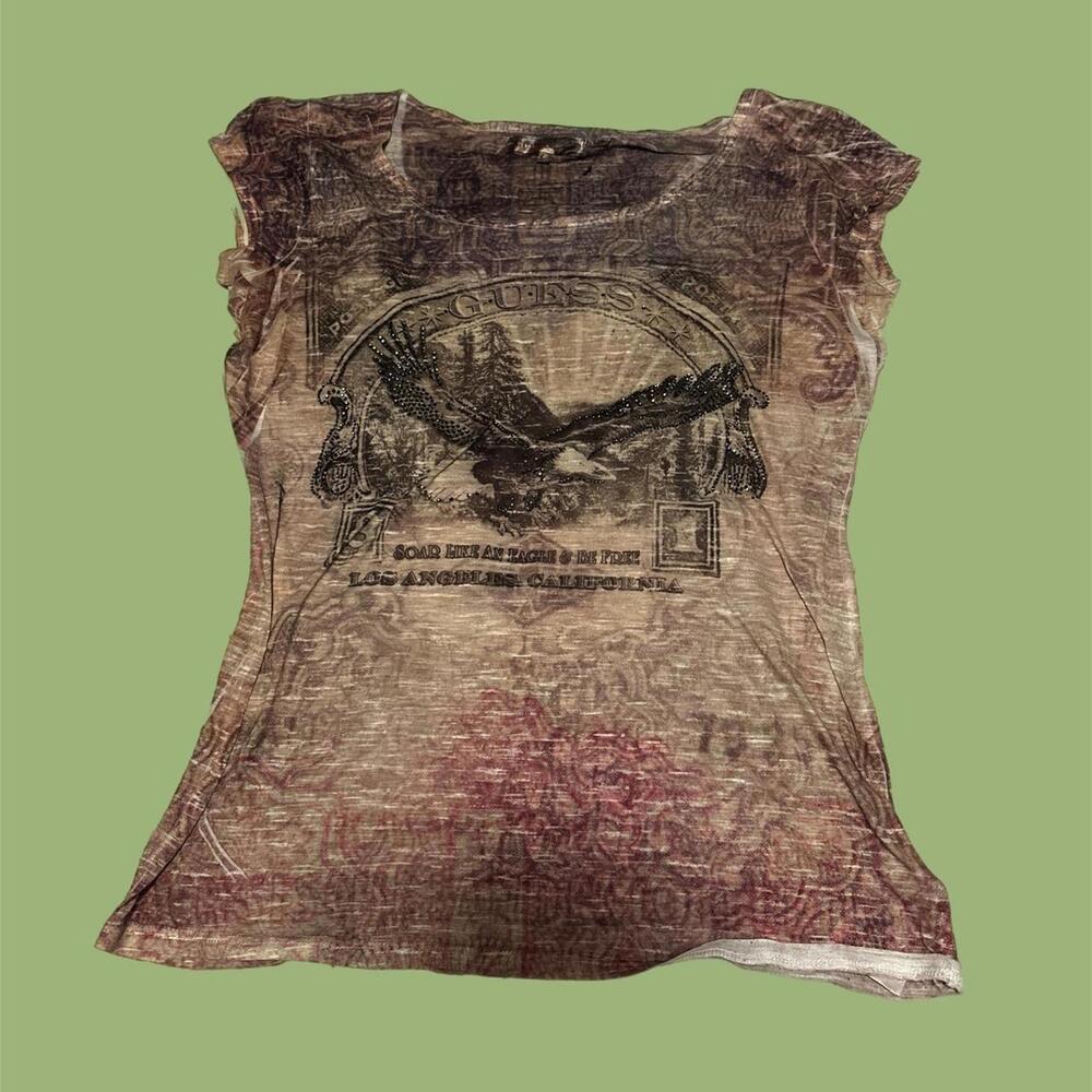 Guess Women's Brown and Multi Tshirt